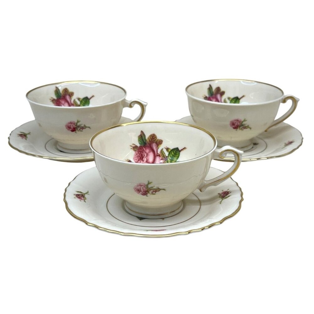 3 Syracuse China Federal Shape Victoria Rose Cup & Saucer Sets